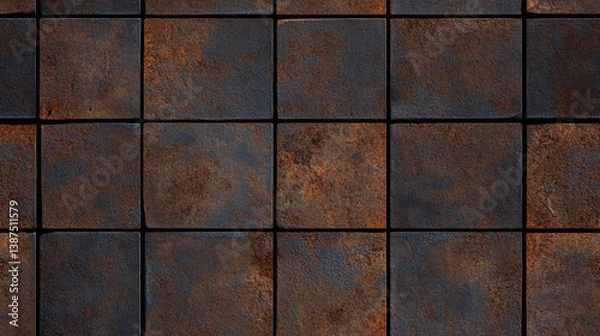 Fototapeta gritty, weathered metal floor texture featuring dull, rust colored tiles arranged in grid pattern. surface exhibits rugged appearance, evoking sense of industrial charm