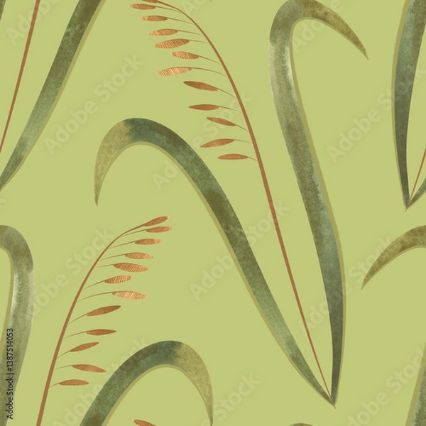 Obraz Textile seamless floral pattern with wild grasses and cereals. Design for kitchen home textiles, tablecloths, curtains, bed linen, dress fabrics, wrapping paper.