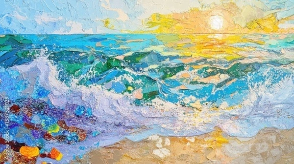 Fototapeta Vibrant Ocean Waves at Sunrise with Textured Palette and Reflections on Water Surface