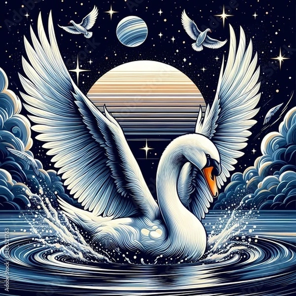 Fototapeta A digital drawing of a majestic swan with expansive white wings flying over rippling water, under a night sky with a full moon, stars, and distant birds, in a detailed and stylized art style