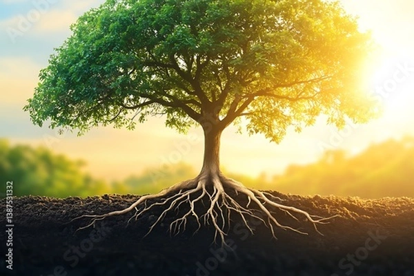 Fototapeta Solid oak tree with deep roots spreading. Integrity deep foundation. Strength, ethics, sturdy support. Green leaves in golden sunlight, tree trunk rooted in soil. Growth, development metaphor for