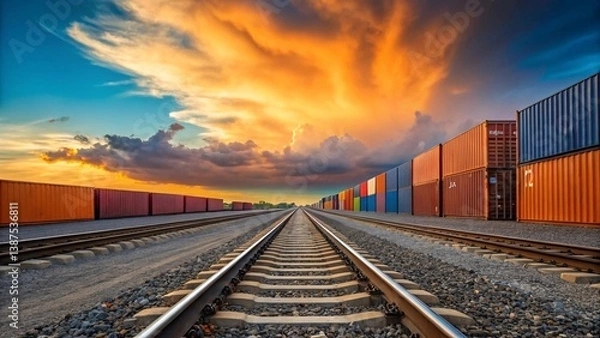 Fototapeta Industrial railway tracks at sunset with shipping containers. Created with Ai