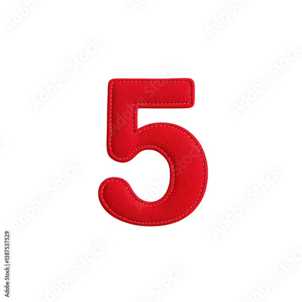 Obraz A red fabric number five with stitched border is displayed on plain background, showcasing bold and vibrant design. This decorative numeral can be used for crafts, clothing, or educational purposes