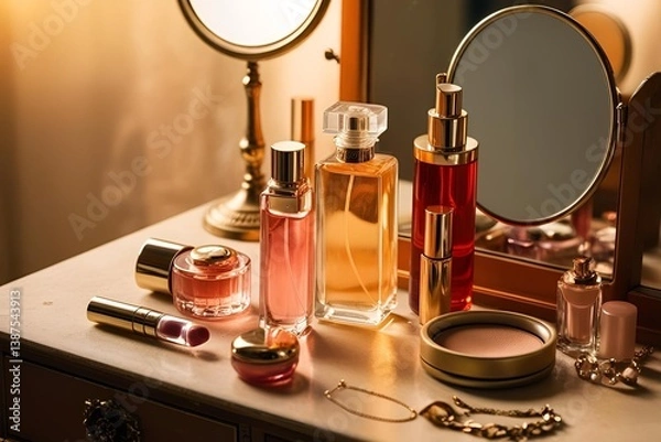 Obraz Close-up shot of vintage perfume bottles, cosmetics, handheld mirror and jewelry on a vintage vanity, subtle shimmer, soft warm golden natural light, soft focus, low contrast, very warm hues