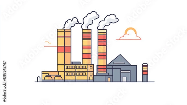Obraz Industrial Plant with Smoke Stacks, Daytime View, Flat Design, Stock Photo