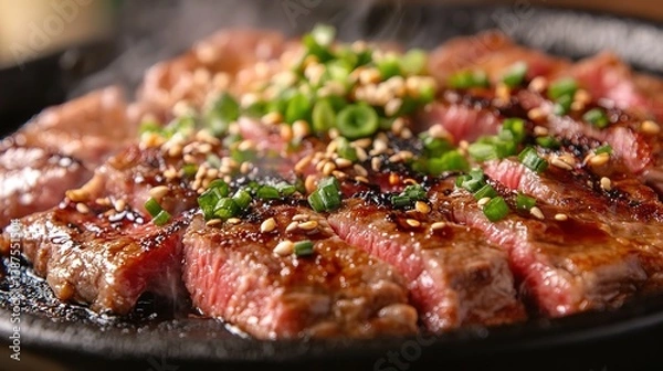 Obraz A sizzling teppanyaki grill with street-style okonomiyaki cooking.