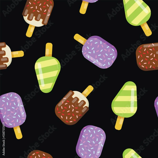 Fototapeta Vector seamless pattern of ice cream. Ice cream with fruit juice. Popsicle on a stick, ice cream with chocolate glaze, sprinkled