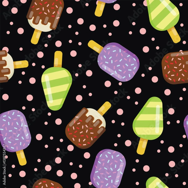 Fototapeta Vector seamless pattern of ice cream. Ice cream with fruit juice. Popsicle on a stick, ice cream with chocolate glaze, sprinkled