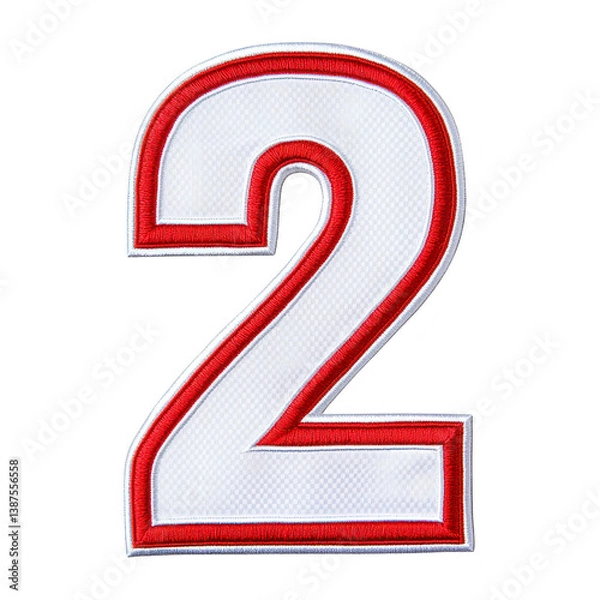 Obraz An image shows white embroidered number 2 with red border on transparency background. design is bold and stands out clearly