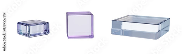 Fototapeta Transparent glass cubes on transparent background. Set of 3D glass cubes in violet and clear tones with smooth reflective surfaces. Crystal square platform, plastic pedestal for product presentation