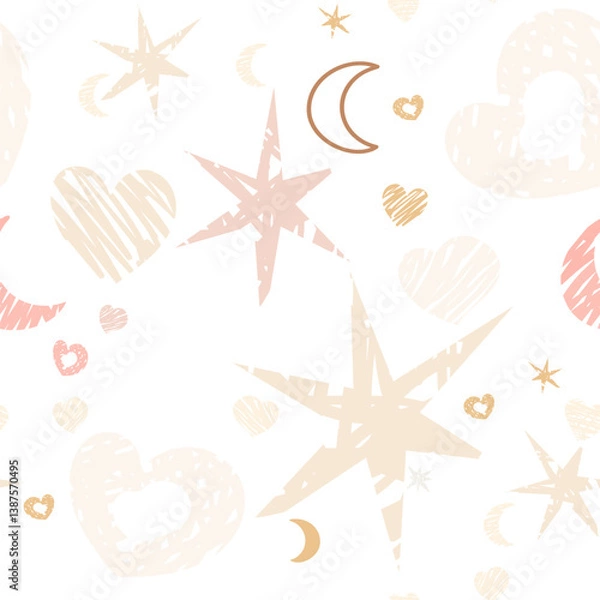 Fototapeta seamless pattern pastel-colored hearts, stars, moons, and abstract scribble elements