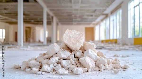 Fototapeta Pile of demolition debris in an empty office space