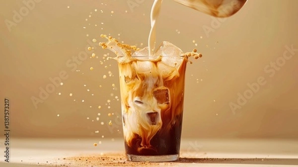Fototapeta A glass of coffee with ice and milk poured into it