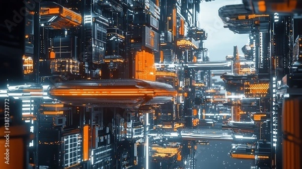 Fototapeta Quantum-Powered Futuristic Cityscape with Floating Megastructures and Neon Bridges