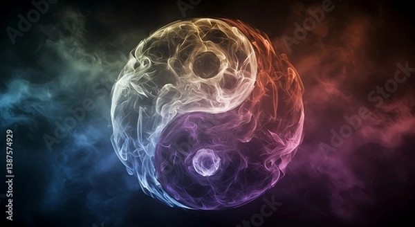 Obraz Dynamic Yin Yang Symbol Made of Colorful Smoke on Dark Background