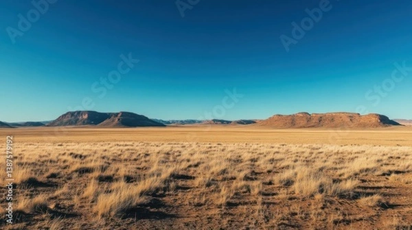 Fototapeta Vast expanse of the Namibian landscape featuring dry grass and clear skies