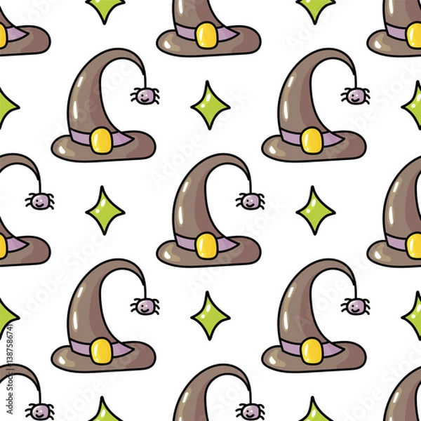 Fototapeta Hand drawn cute seamless pattern with cartoon Witch Hat and spider in doodle design