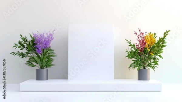 Fototapeta A white rectangular display features two potted plants, one with purple and the other with yellow and red flowers. A blank white sign sits between them. The scene is minimalist and brightly lit. The