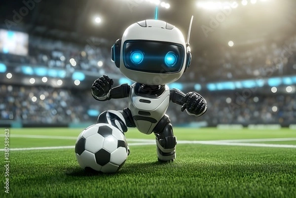 Fototapeta A robot playing soccer, with a cute character design and a cinematic feel