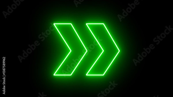 Obraz Glowing neon green arrow right direction icon. Abstract neon flashing light arrow loading. Seamless loop