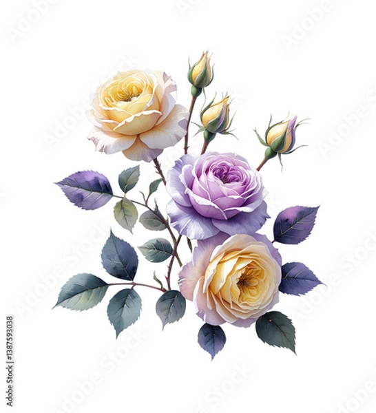 Obraz Elegant Rose Bouquet with Yellow and Purple Flowers on Transparent Background. Flowerы isolated clipart PNG for wedding invitation, greeting card, print design.