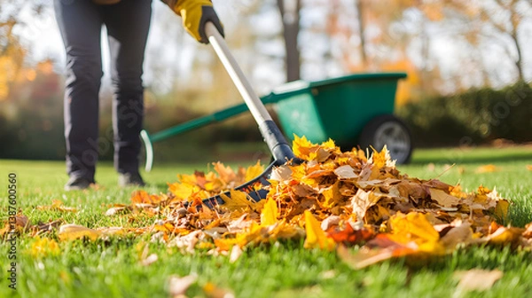 Fototapeta Efforts in Autumn: A Vibrant Scene of Yard Cleanup with Raking Leaves and Nature's Colorful Transition