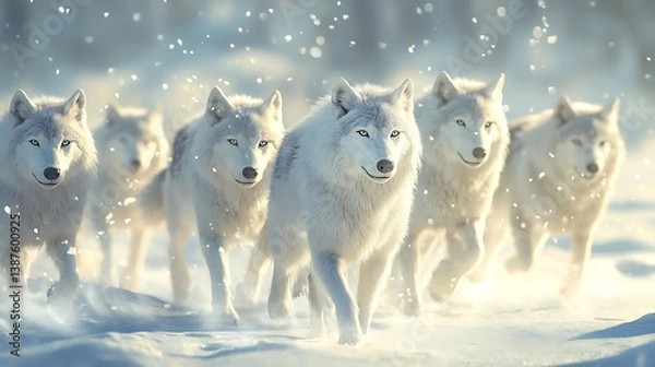 Obraz Lifelike pack of Arctic wolves moving through snowy landscape, creating serene atmosphere