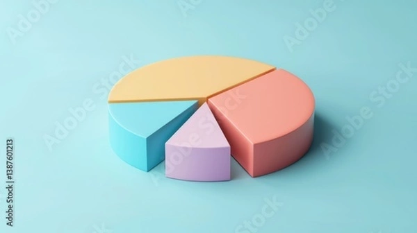 Fototapeta Simple D pie chart with muted colors and clear labels for each part on a light blue background