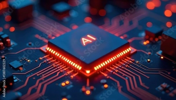 Fototapeta Futuristic Glowing Microchip on a Circuit Board – Close-up Technology Background