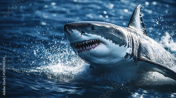 Obraz powerful great white shark breaches water, showcasing its sharp teeth and dynamic movement