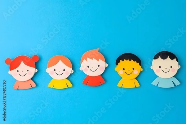 Fototapeta A row of paper cutout children, each smiling and wearing colorful in different colors, on a light blue background, in a flat lay composition