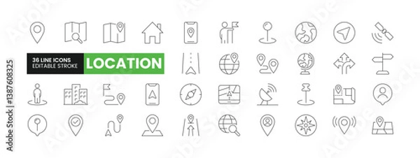 Fototapeta Set of 36 Location line icons set. Location outline icons with editable stroke collection. Includes Navigation, GPS, Live location, Satellite, Office, and More.