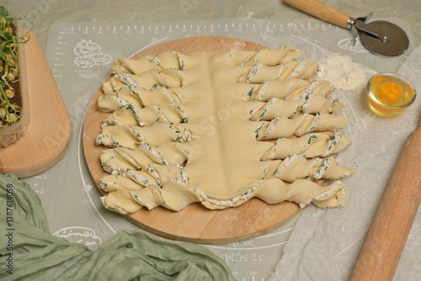 Obraz Twisted dough strips on wooden board. Cutter, egg, rolling pin, green towel, microgreens sprouts on kitchen table. Home cooking baking puffs