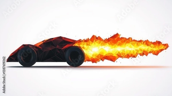 Fototapeta A low poly style drag racing monster truck explodes in a fiery burst of speed leaving a trail of vibrant orange and yellow flames across a white background.