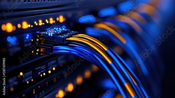 Obraz High-speed internet infrastructure with colorful cables. Perfect for cloud computing, IT services, and data communication.