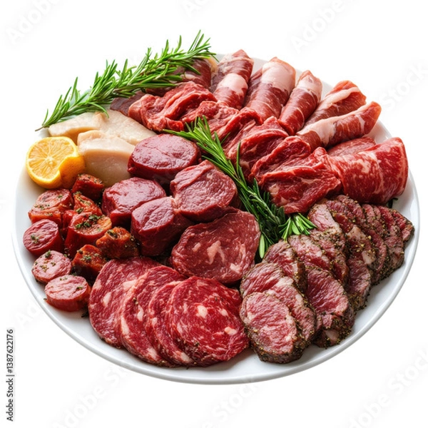 Fototapeta Gourmet Meat Platter Featuring an Exquisite Selection of Cured and Fresh Meats With Herbs and Citrus, on the transparent background