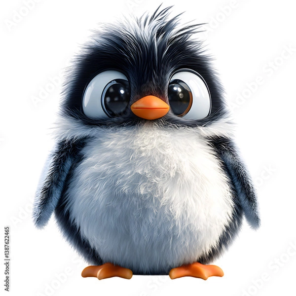 Fototapeta A Fluffy 3D Cartoon Penguin with Soft Glowing Feathers Isolated on Transparent Background