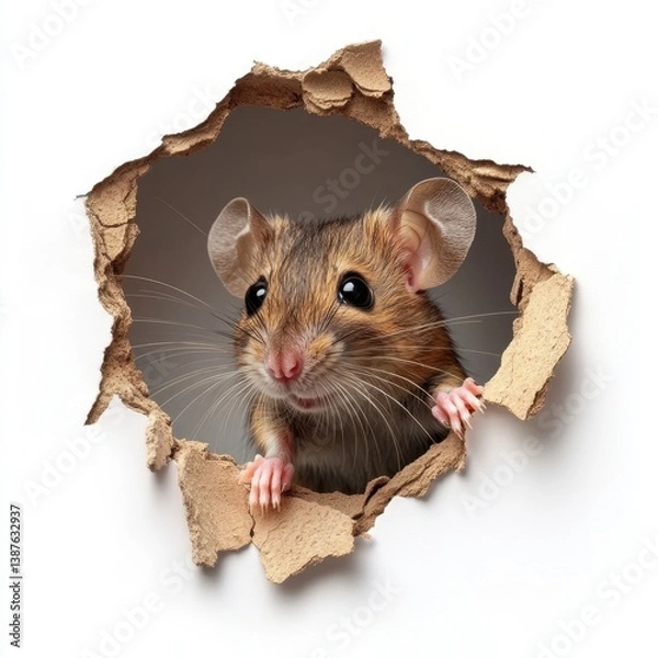 Obraz Curious mouse peeking through cardboard hole