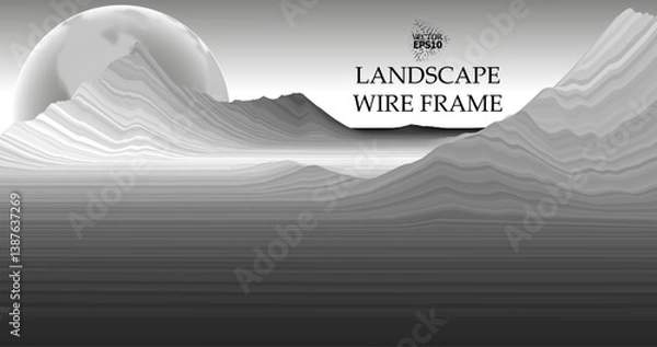 Fototapeta Abstract digital representation of a surface with a 3D wireframe grid pattern, showcasing peaks and valleys resembling terrain. A large, semi-transparent sphere with a dotted texture adds a futuristic