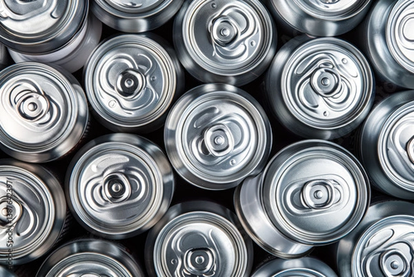 Fototapeta Row of empty aluminum cans are stacked on top of each other