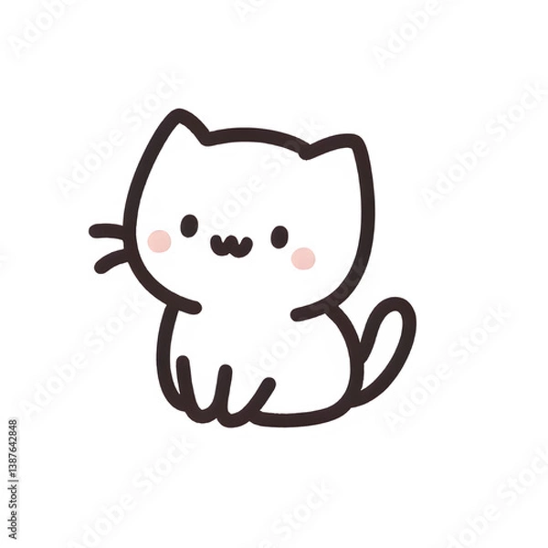 Fototapeta Happy little cat line art, brown and white, cheerful pet illustration against a white background