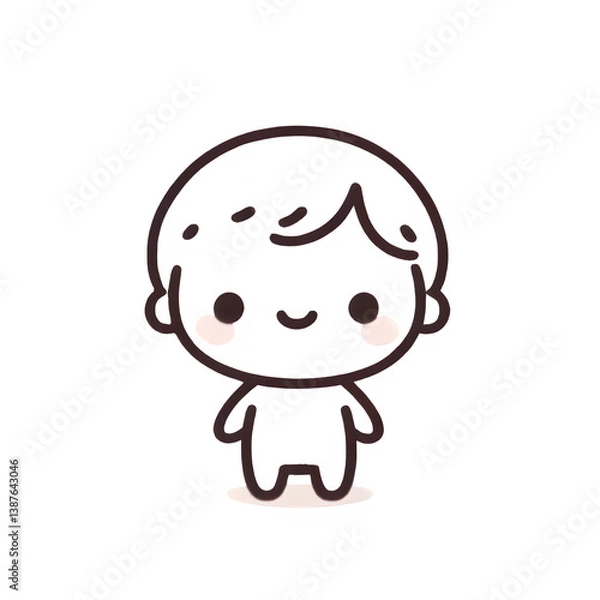 Obraz Happy young boy line drawing, brown and white, cheerful child illustration against a white background