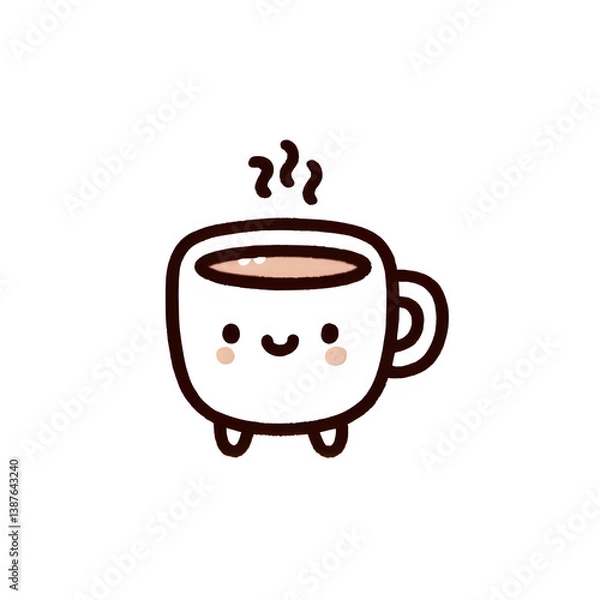 Obraz Happy mug character line art, brown, white and pink, joyful drink illustration on white