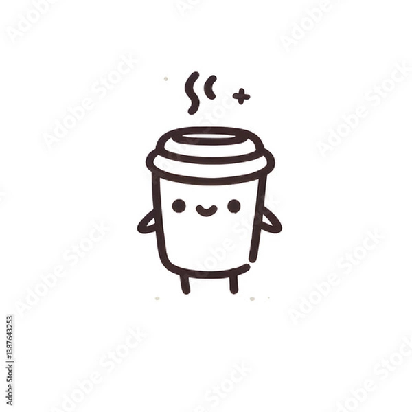 Obraz Happy coffee cup character line art, brown and white, joyful beverage illustration on white
