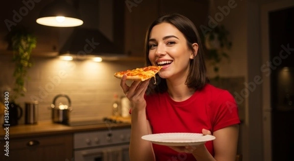 Obraz Woman Enjoying Pizza at Night