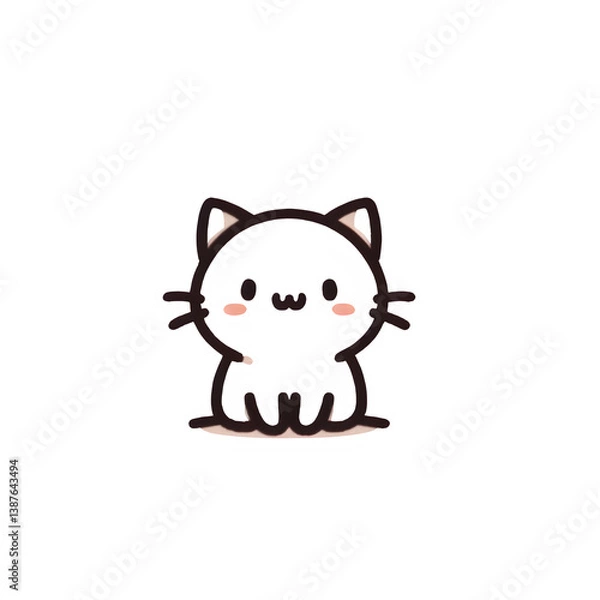 Obraz Happy sitting cat line art, black and white, cheerful pet illustration against a white background