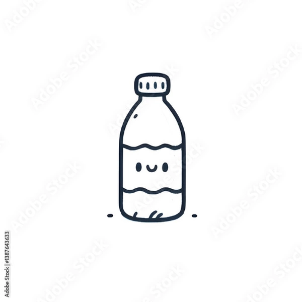 Obraz Happy water bottle line art, dark blue and white, cheerful hydration illustration on white