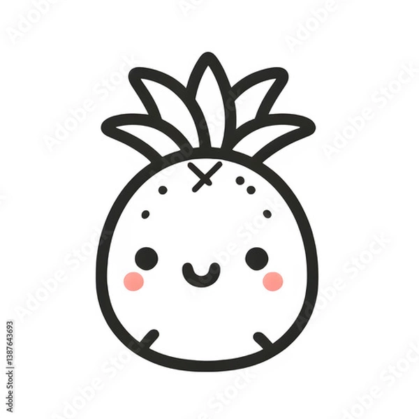 Obraz Happy pineapple line art, black and white, cheerful tropical fruit illustration on white