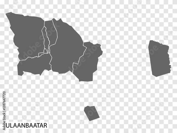 Obraz High Quality map of Ulaanbaatar is a capital of Mongolia, with borders of the districts. Map of Ulaanbaatar for your web site design, app, UI. EPS10.