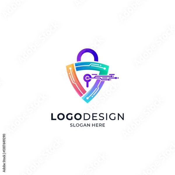 Fototapeta colorful shield and padlock with futuristic style for cyber security logo and virus or digital data protection